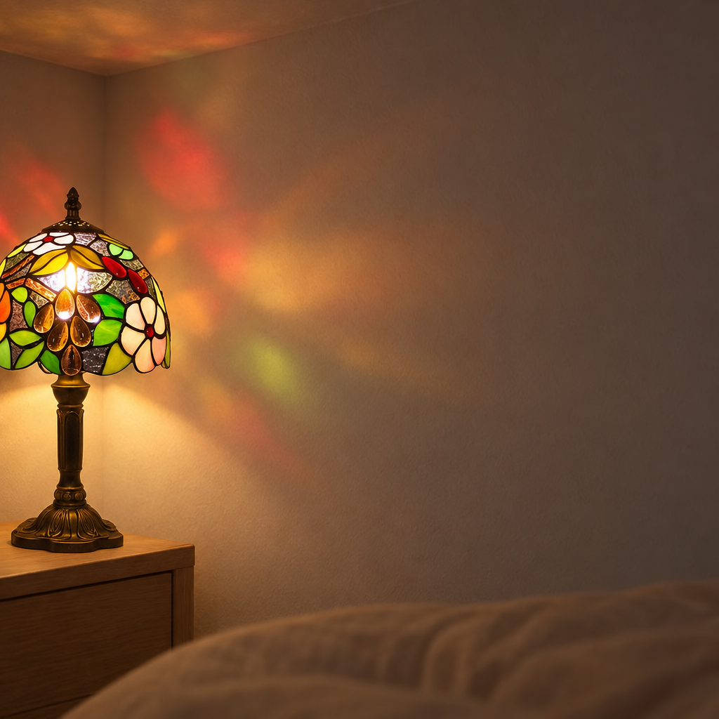 Halo coloré projeté au mur par la lampe de chevet Tiffany Florale Verte