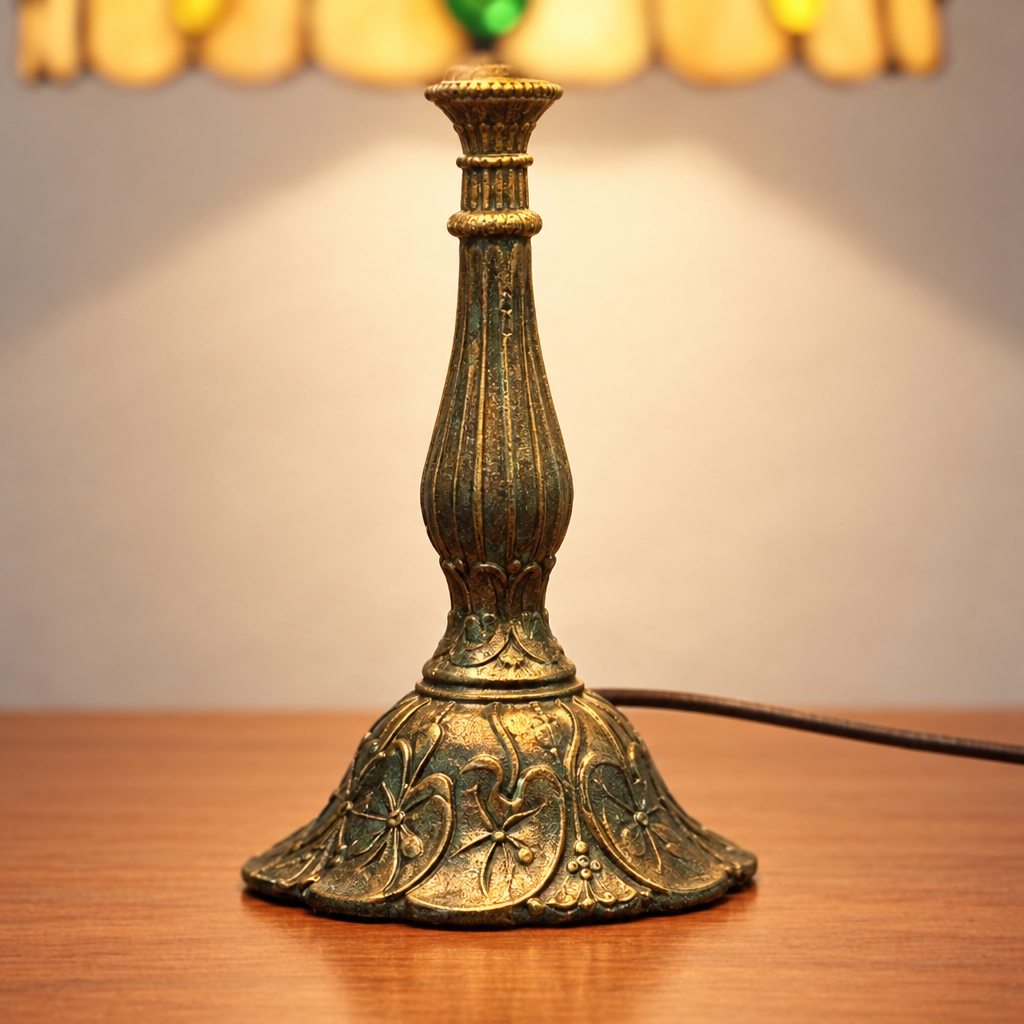 Gros plan du pied ouvragé de la lampe de chevet Tiffany Perlée Multicolore