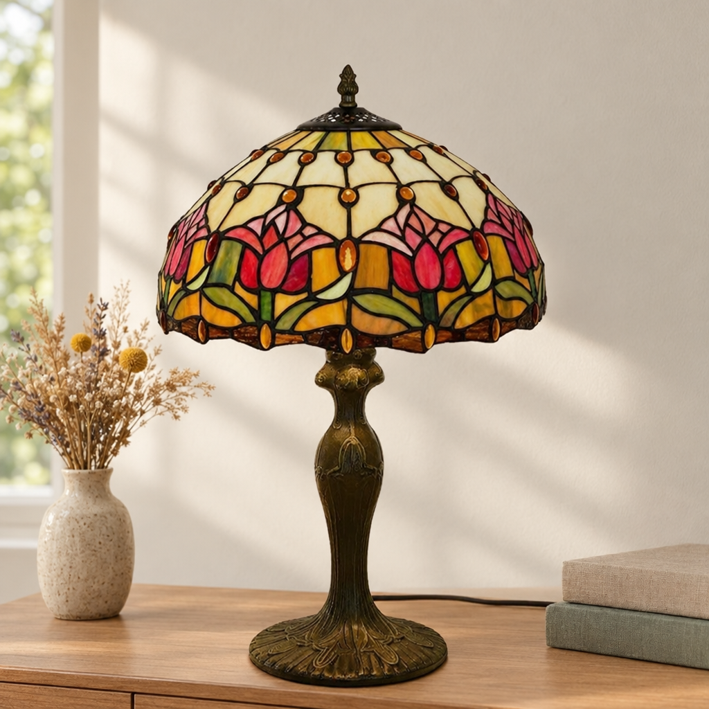 Lampe de chevet Tiffany Tulipe Rouge éteinte en lumière du jour