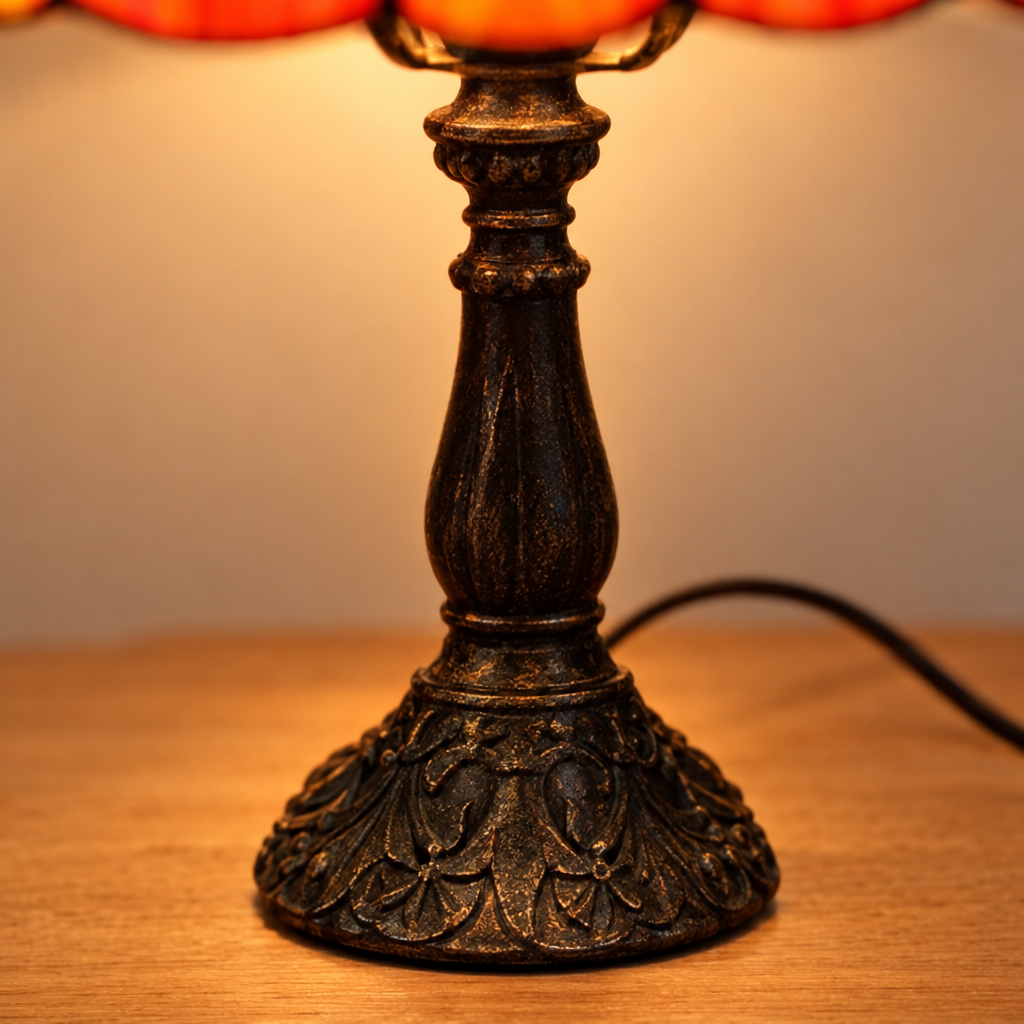 Gros plan du pied ouvragé de la lampe de chevet Tiffany Ambre