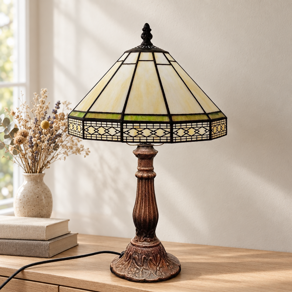 Lampe de chevet Tiffany Mission Beige éteinte en lumière du jour