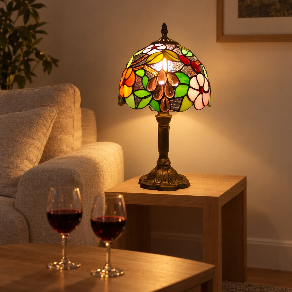 Lampe de chevet Tiffany Florale Verte dans un salon le soir