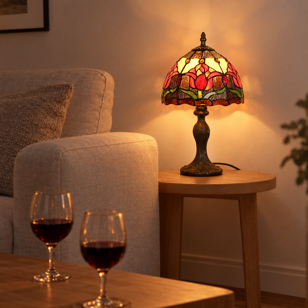 Lampe de chevet Tiffany Fleur Rouge dans un salon le soir
