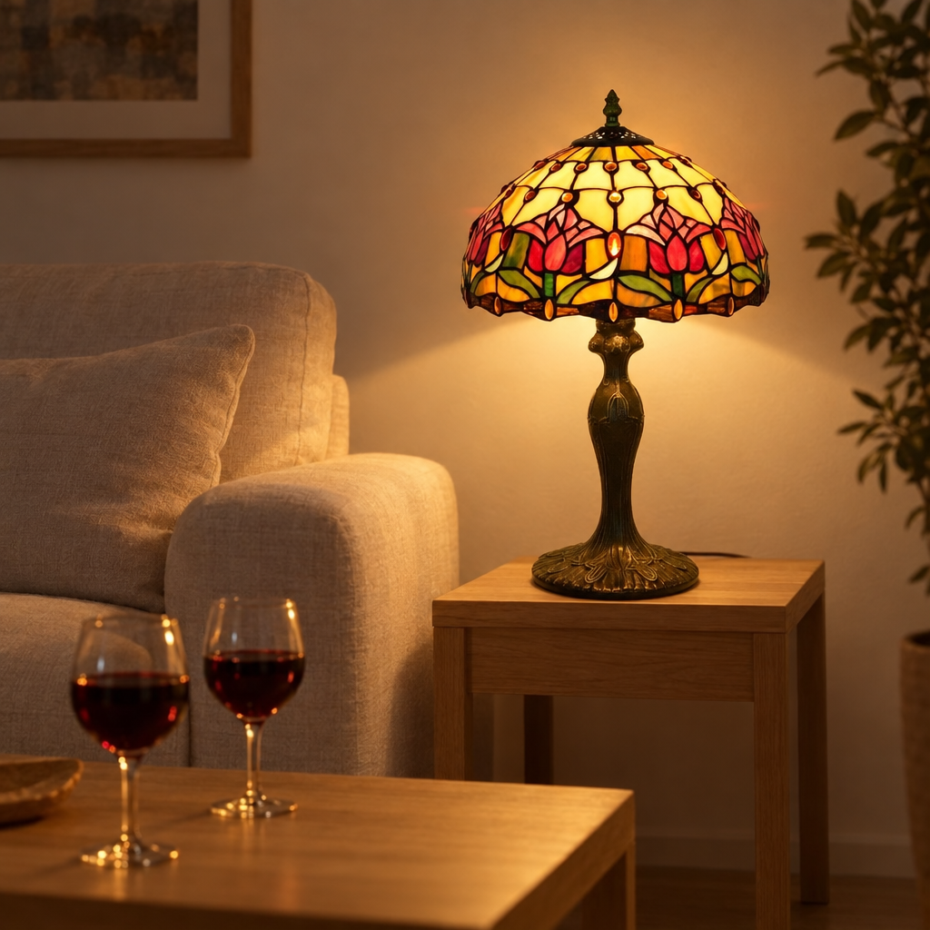 Lampe de chevet Tiffany Tulipe Rouge dans un salon le soir