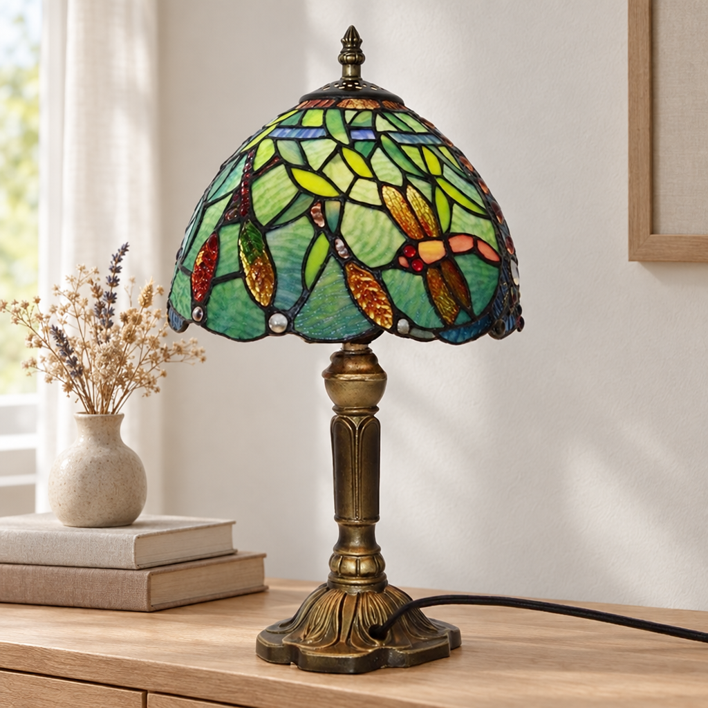 Lampe de chevet Tiffany Libellule Verte éteinte en lumière du jour