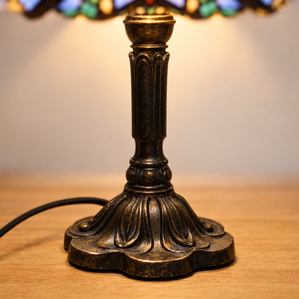 Gros plan du pied ouvragé de la lampe de chevet Tiffany Perlée Bleu Lavande