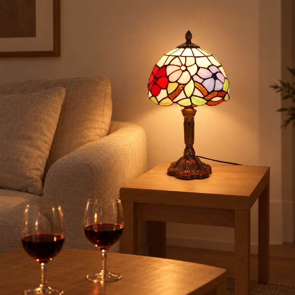 Lampe de chevet Tiffany Florale Rose dans un salon le soir