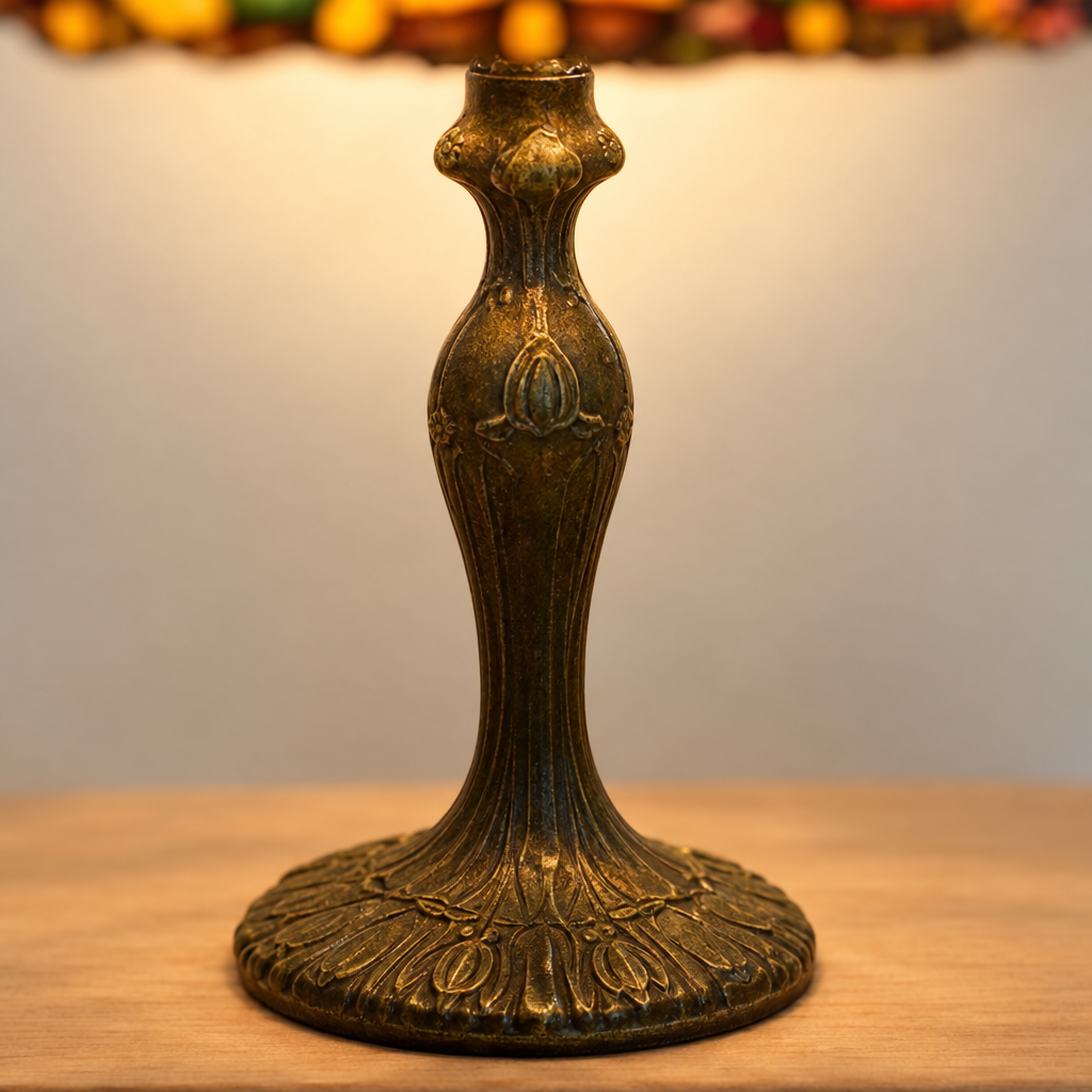 Gros plan du pied ouvragé de la lampe de chevet Tiffany Tulipe Rouge