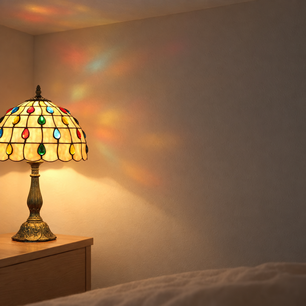 Halo coloré projeté au mur par la lampe de chevet Tiffany Perlée Multicolore