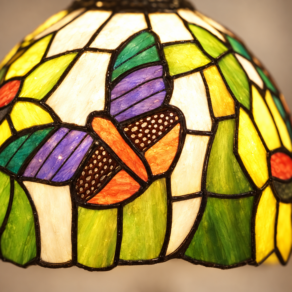 Gros plan du vitrail papillon de la lampe de chevet Tiffany Papillon