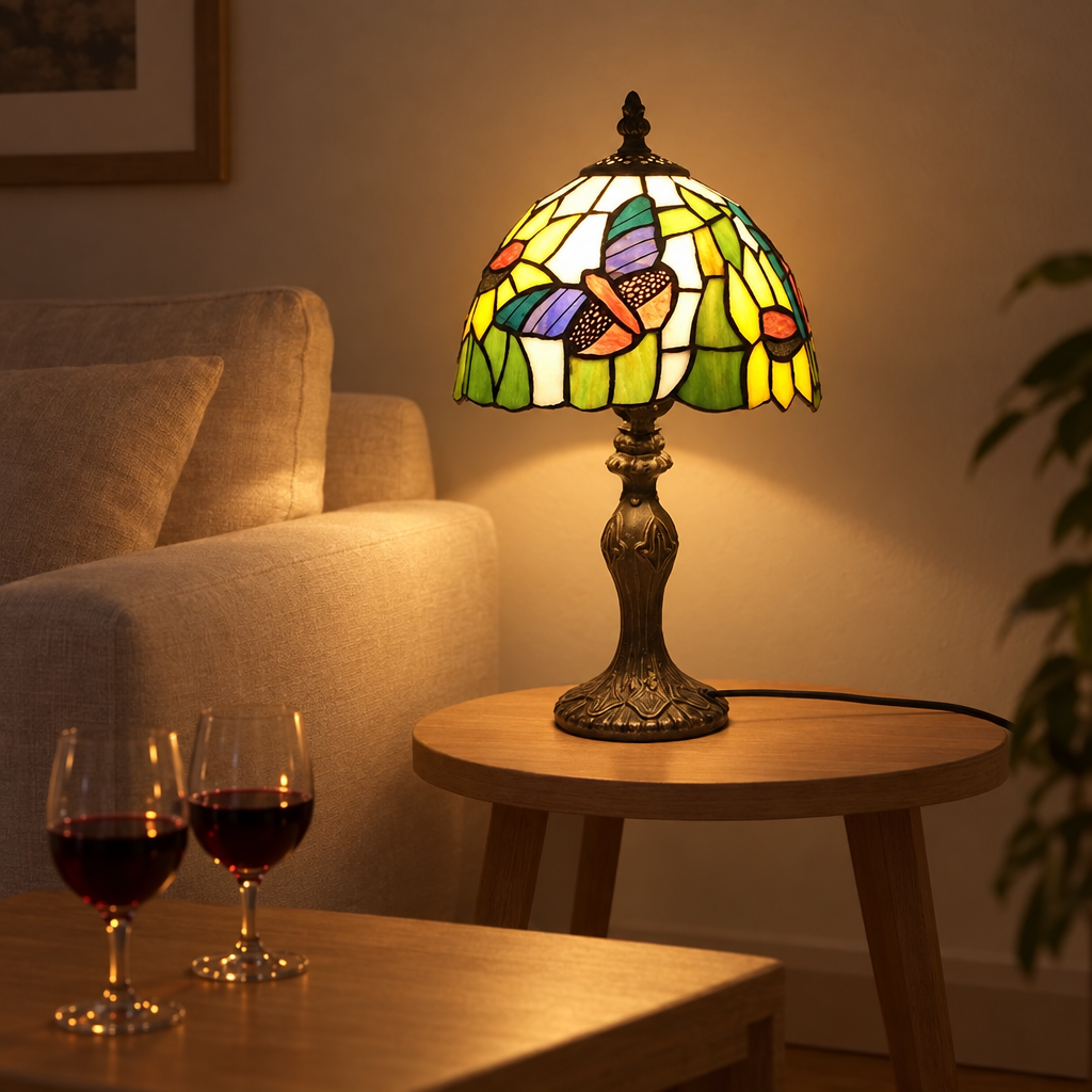 Lampe de chevet Tiffany Papillon dans un salon le soir