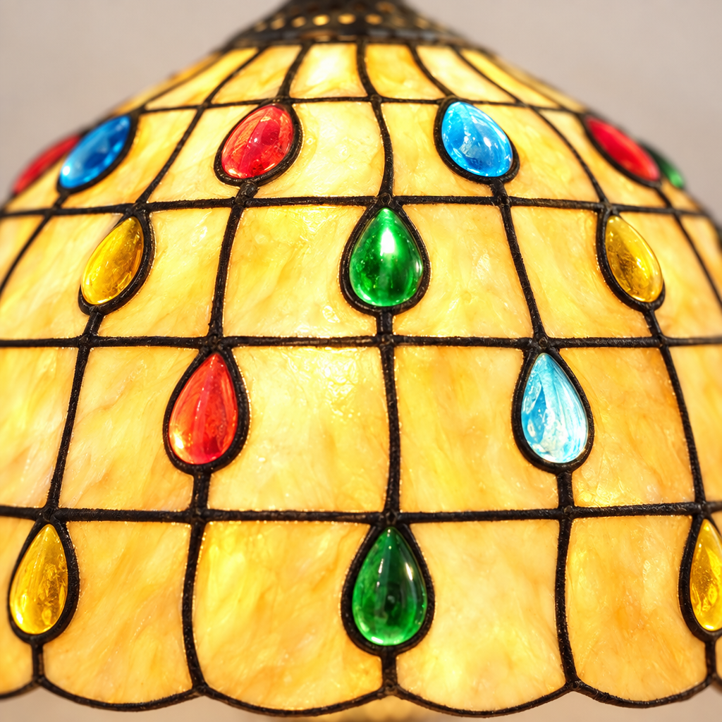 Gros plan du vitrail perlé de la lampe de chevet Tiffany Perlée Multicolore