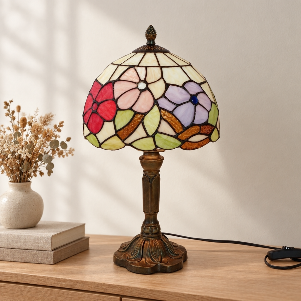 Lampe de chevet Tiffany Florale Rose éteinte en lumière du jour