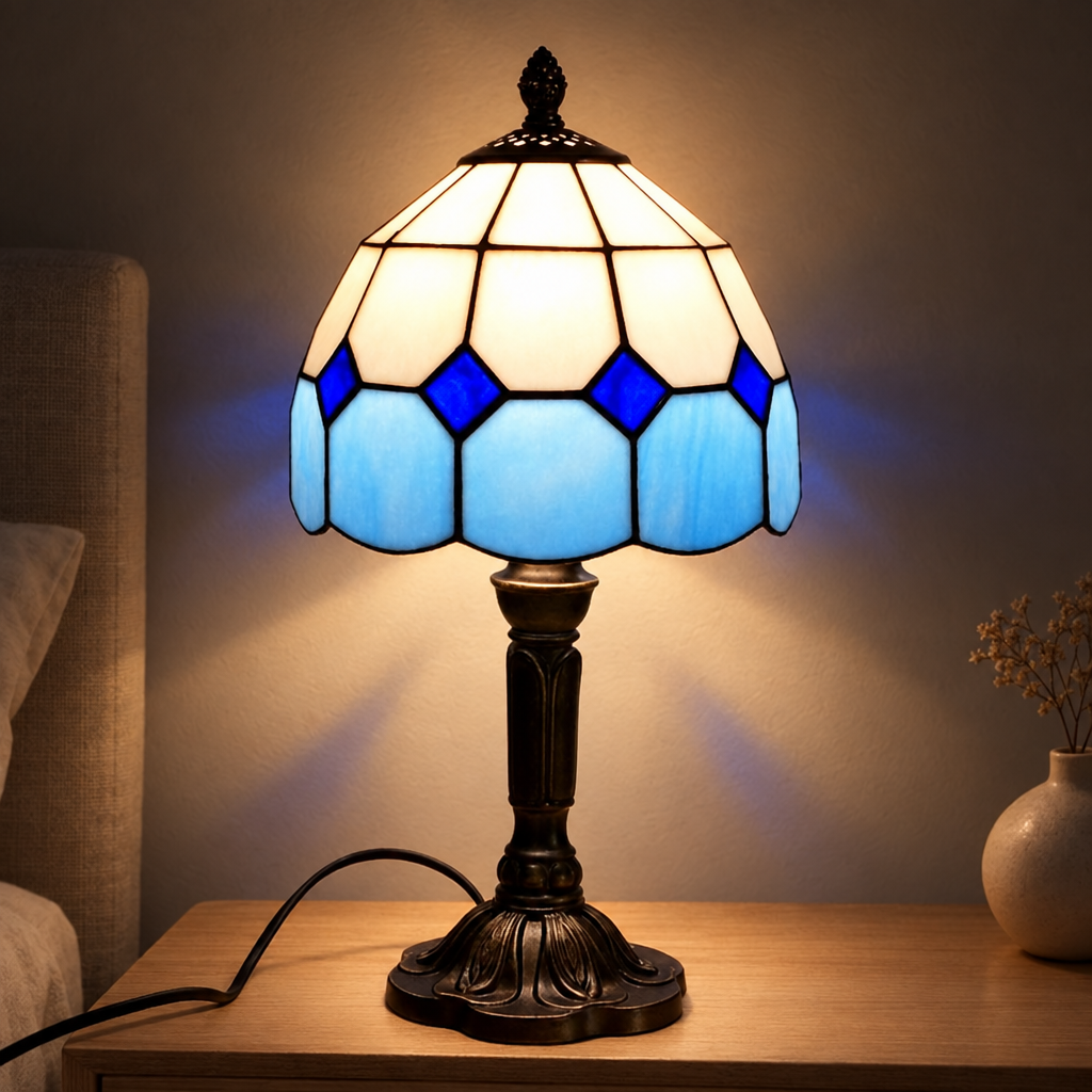 Lampe de chevet Tiffany Saphir allumée la nuit