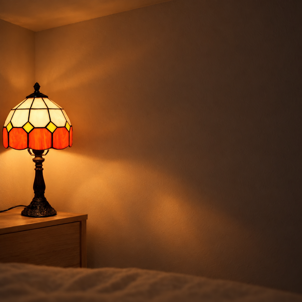 Halo ambré projeté au mur par la lampe de chevet Tiffany Ambre