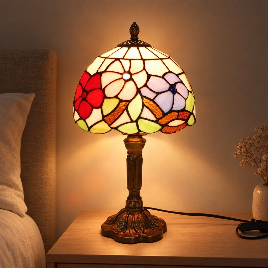 Lampe de chevet Tiffany Florale Rose allumée la nuit