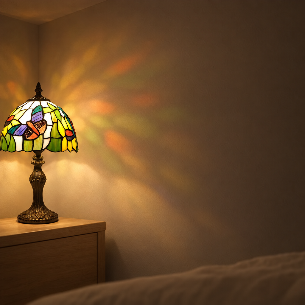Halo coloré projeté au mur par la lampe de chevet Tiffany Papillon