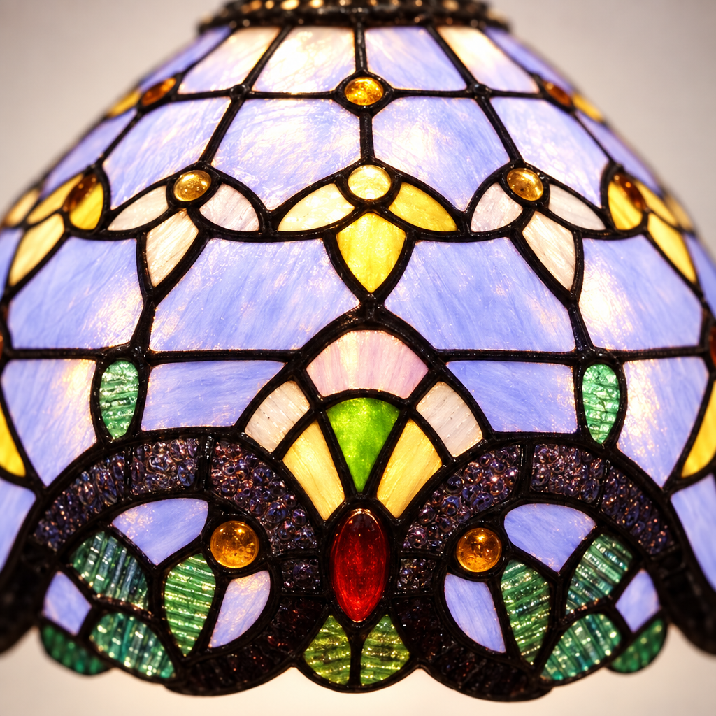 Gros plan du vitrail de la lampe de chevet Tiffany Perlée Bleu Lavande
