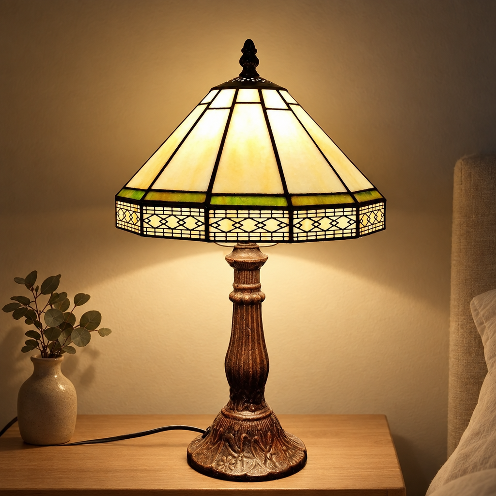 Lampe de chevet Tiffany Mission Beige allumée la nuit