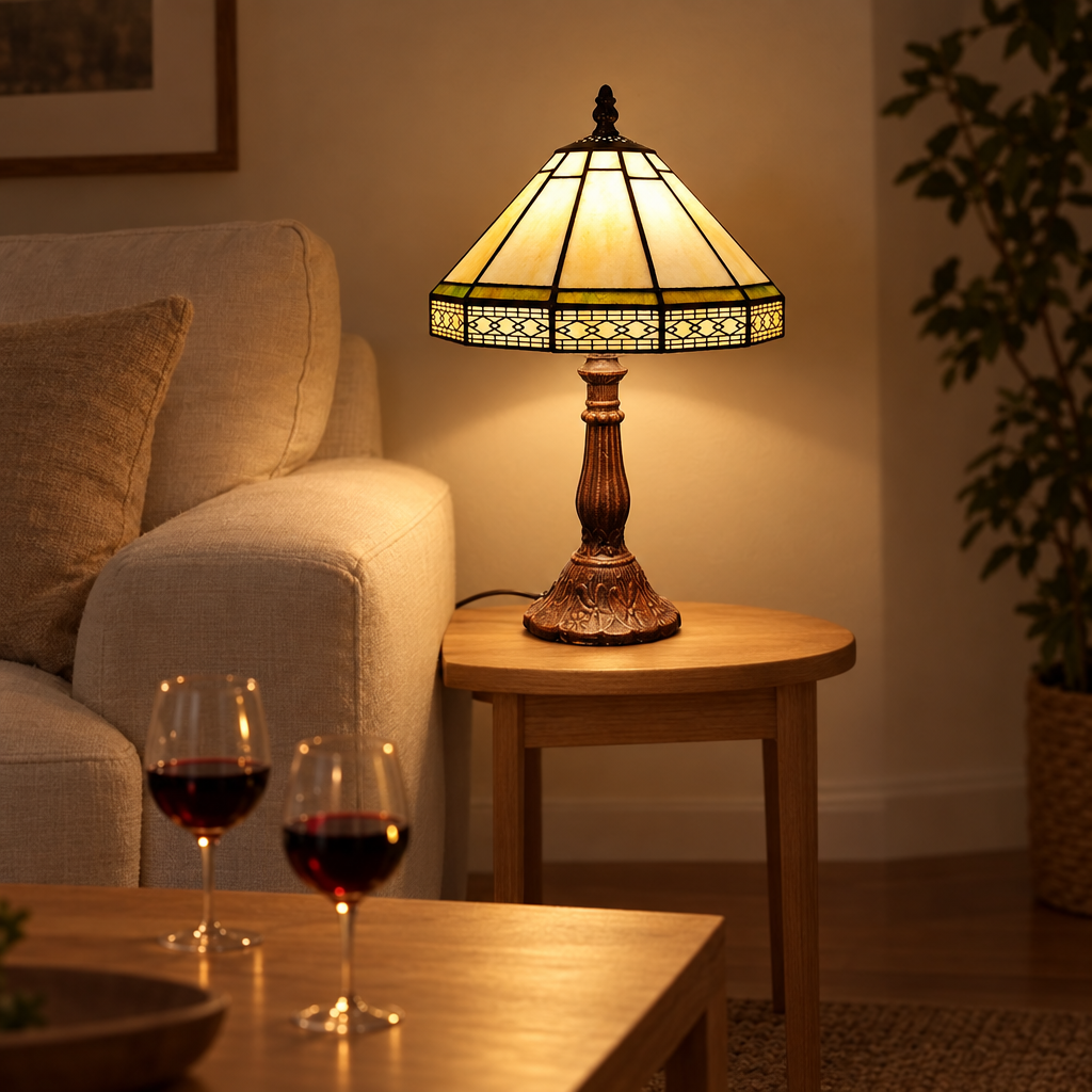 Lampe de chevet Tiffany Mission Beige dans un salon le soir