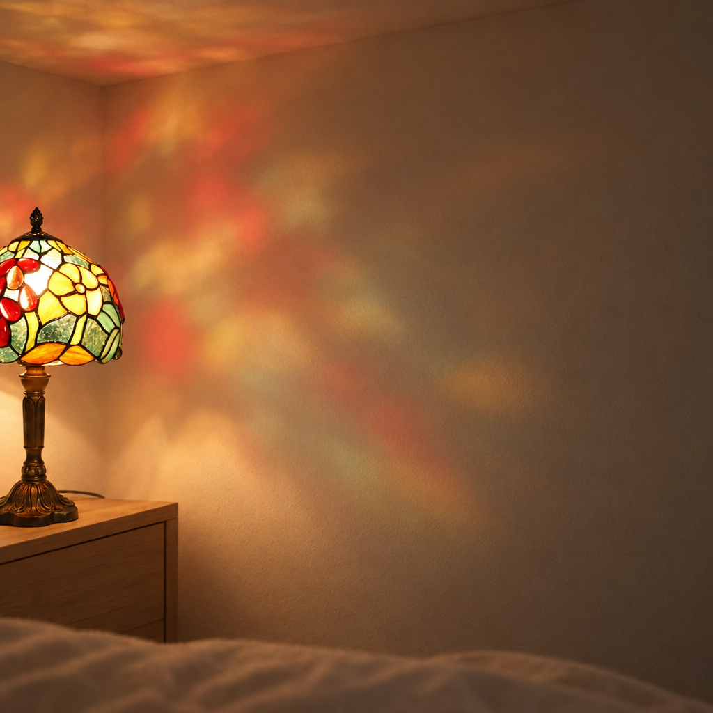 Halo coloré projeté au mur par la lampe de chevet Tiffany Rubis