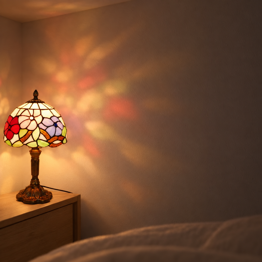 Halo coloré projeté au mur par la lampe de chevet Tiffany Florale Rose