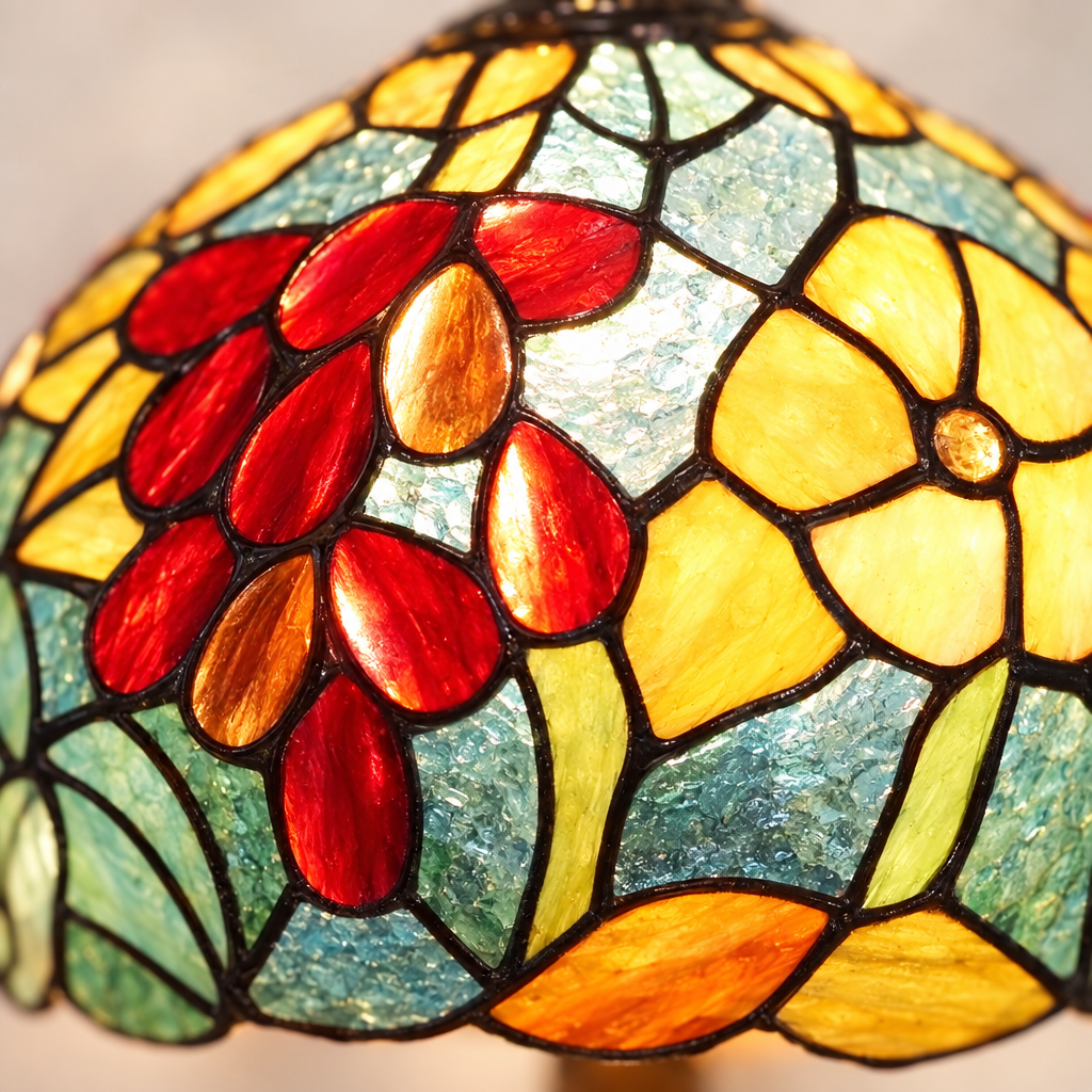 Gros plan du vitrail de la lampe de chevet Tiffany Rubis