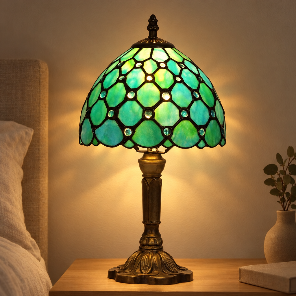 Lampe de chevet Tiffany Perlée Émeraude allumée la nuit