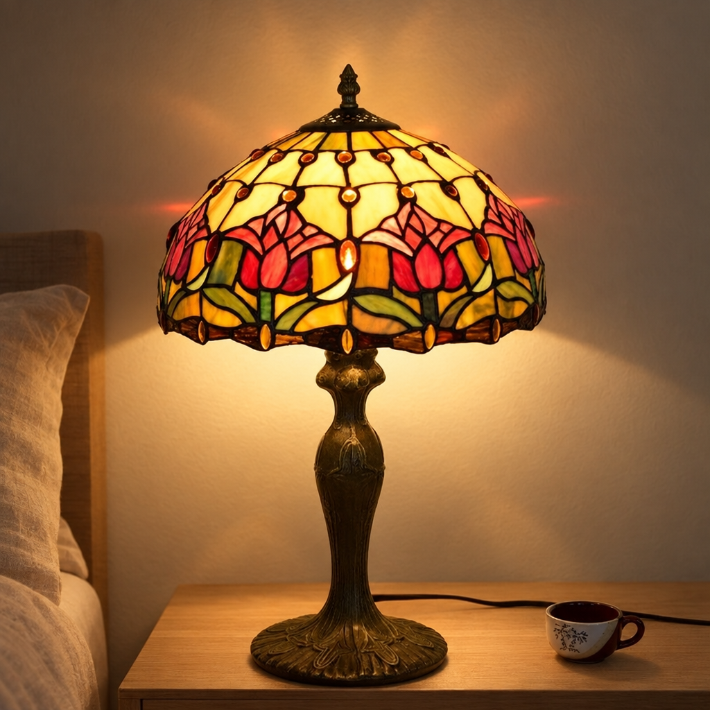 Lampe de chevet Tiffany Tulipe Rouge allumée la nuit
