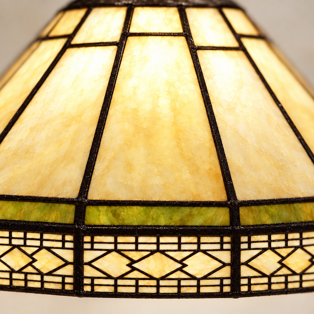 Gros plan du vitrail de la lampe de chevet Tiffany Mission Beige
