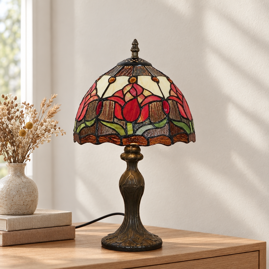 Lampe de chevet Tiffany Fleur Rouge éteinte en lumière du jour
