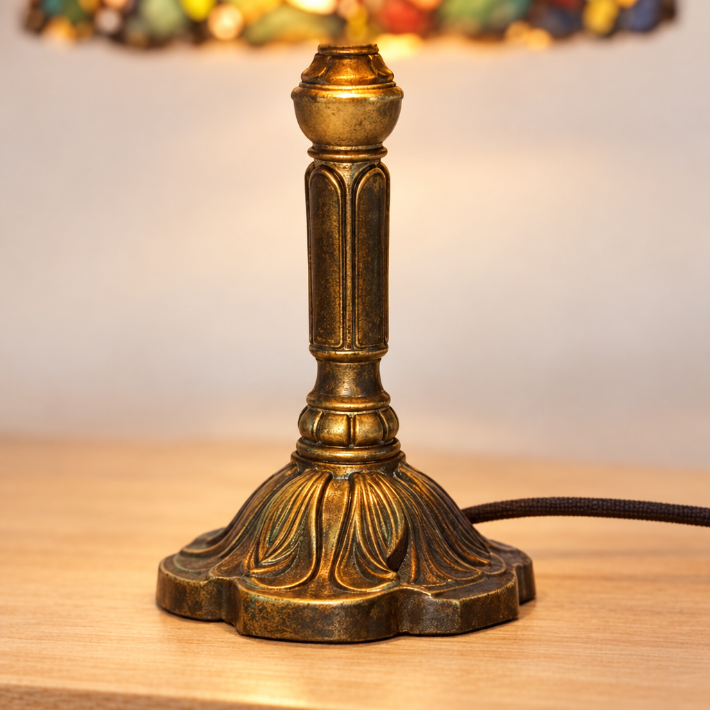 Gros plan du pied ouvragé de la lampe de chevet Tiffany Libellule Verte