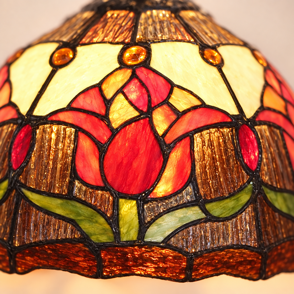 Gros plan du vitrail de la lampe de chevet Tiffany Fleur Rouge