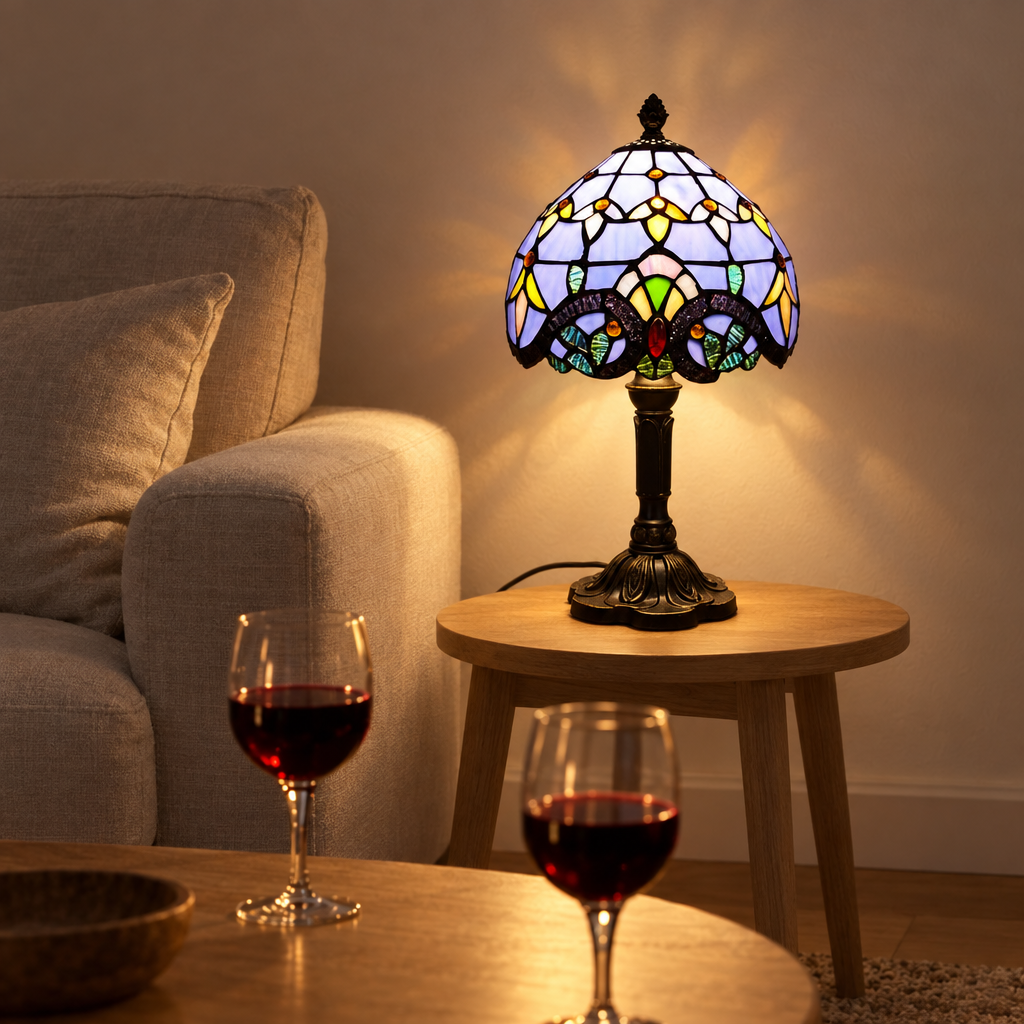 Lampe de chevet Tiffany Perlée Bleu Lavande dans un salon le soir