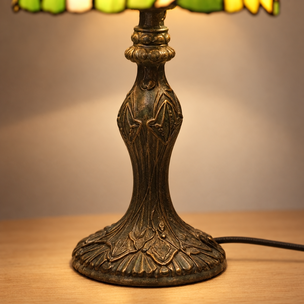 Gros plan du pied ouvragé de la lampe de chevet Tiffany Papillon