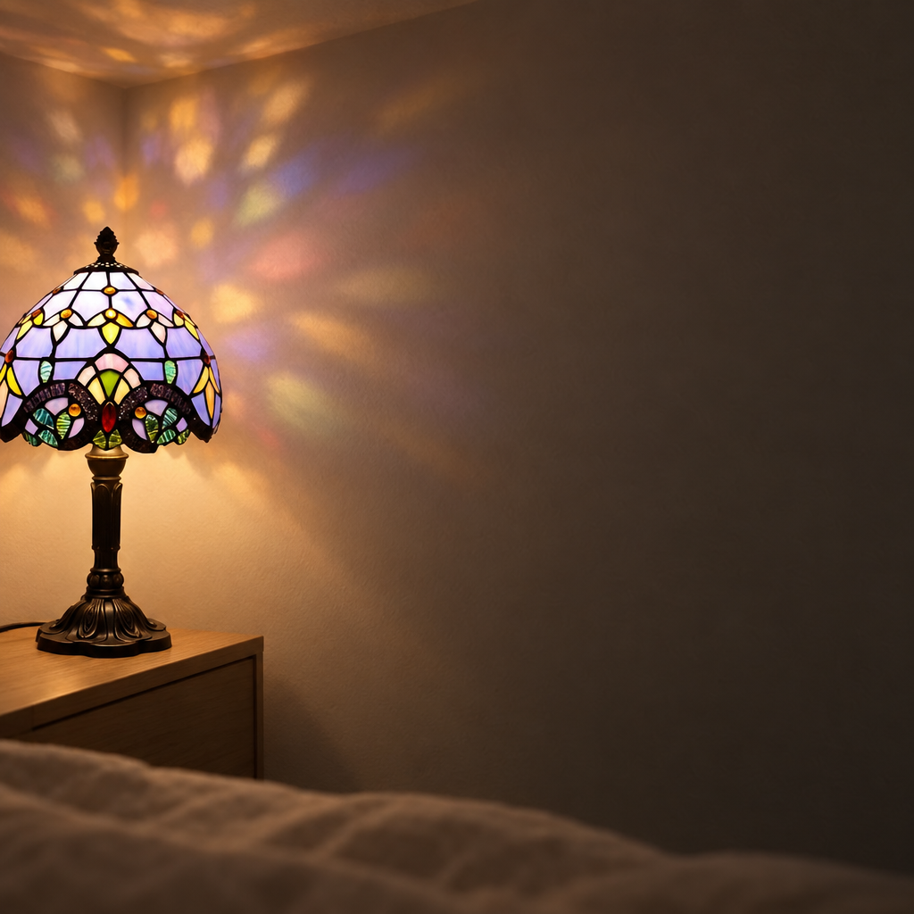 Halo coloré projeté au mur par la lampe de chevet Tiffany Perlée Bleu Lavande