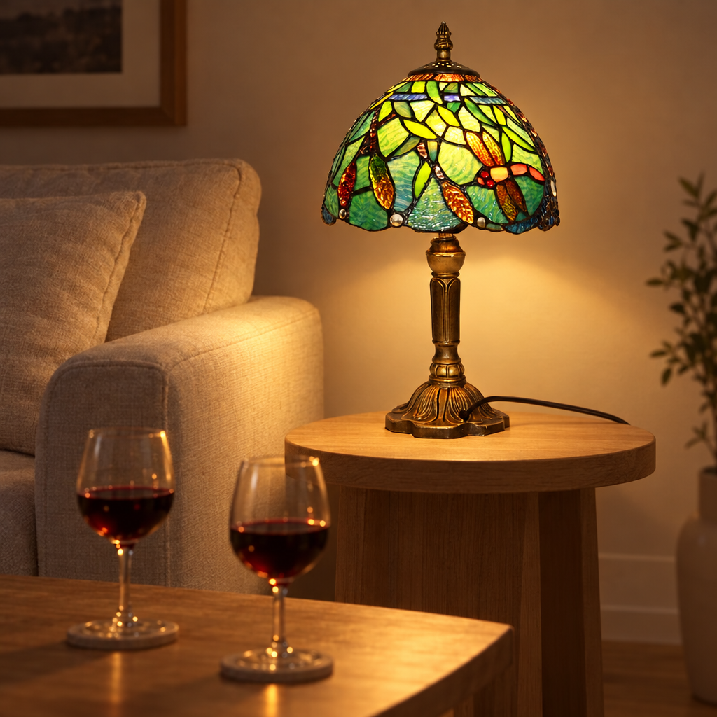 Lampe de chevet Tiffany Libellule Verte dans un salon le soir