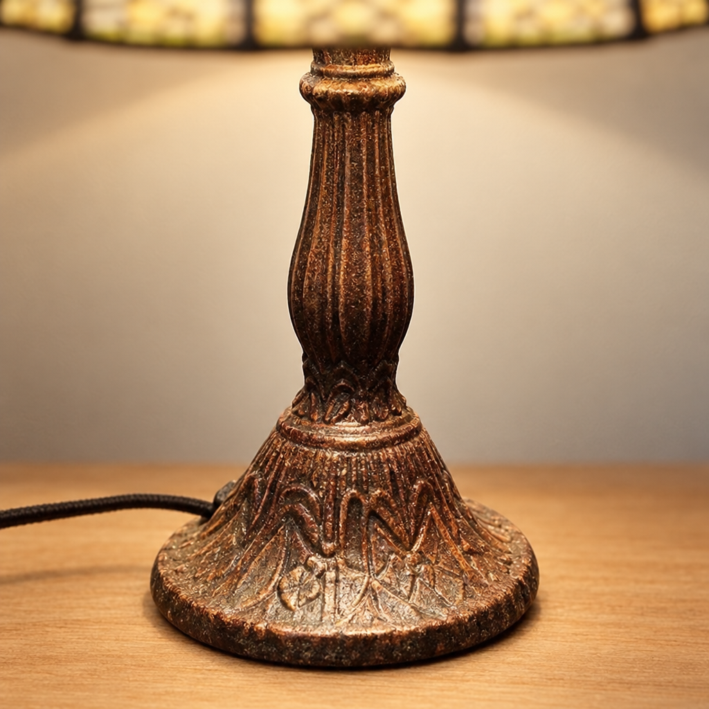 Gros plan du pied de la lampe de chevet Tiffany Mission Beige