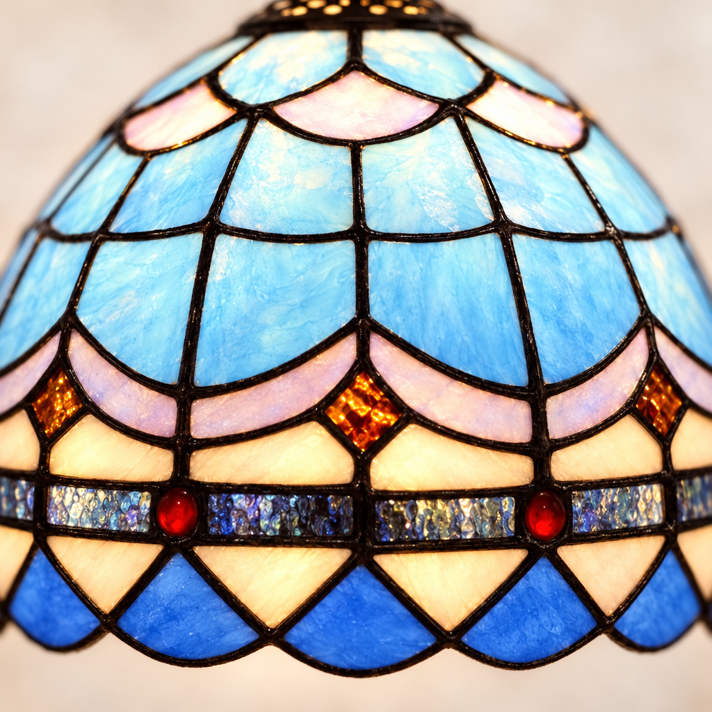 Gros plan du vitrail de la lampe de chevet Tiffany Bleu Ciel
