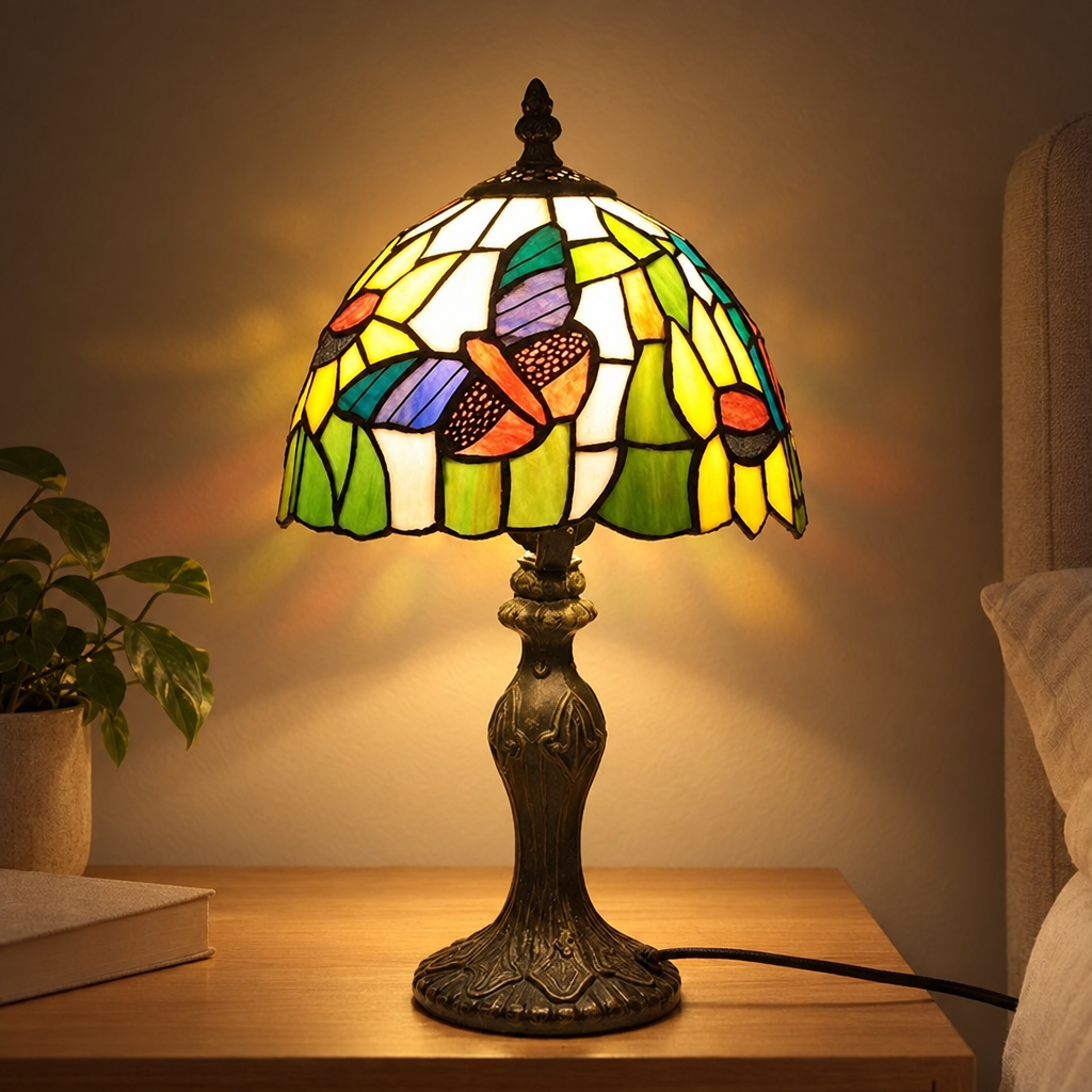 Lampe de chevet Tiffany Papillon allumée la nuit