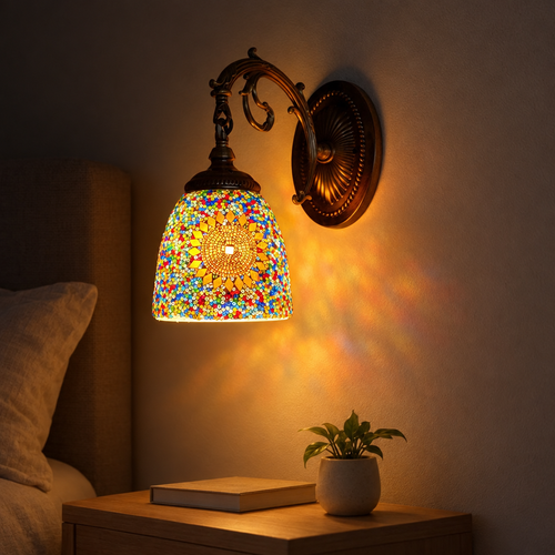 Applique murale Tiffany Mosaïque Multicolore allumée la nuit