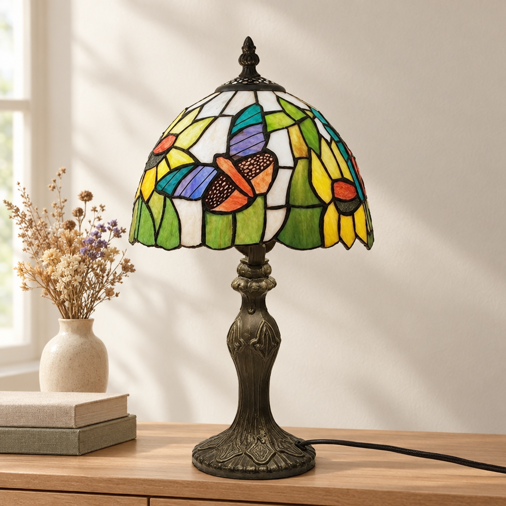 Lampe de chevet Tiffany Papillon éteinte en lumière du jour
