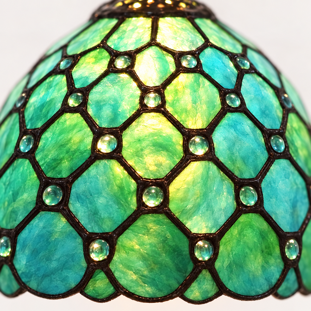 Gros plan du vitrail perlé de la lampe de chevet Tiffany Perlée Émeraude