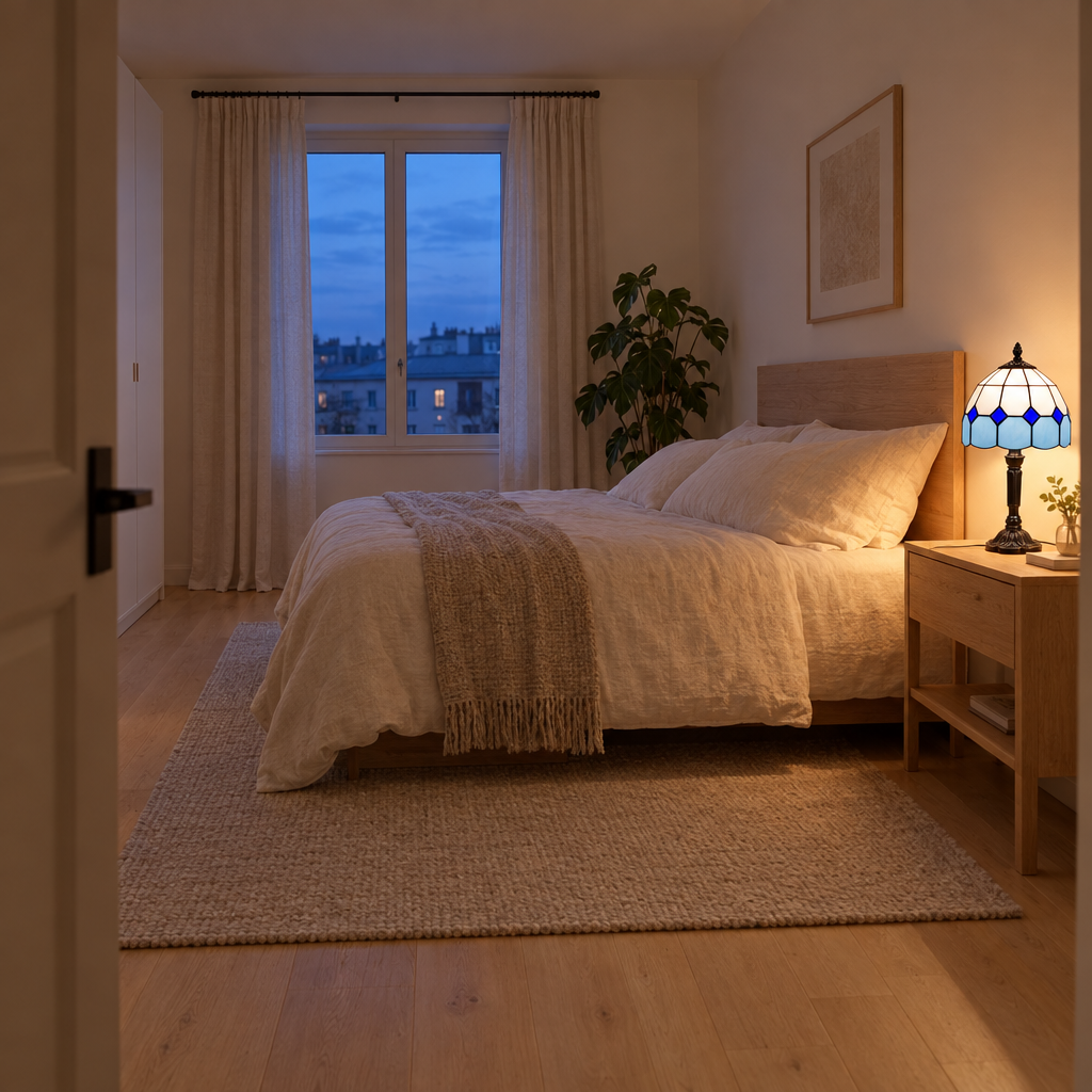 Lampe de chevet Tiffany Saphir dans une chambre entière