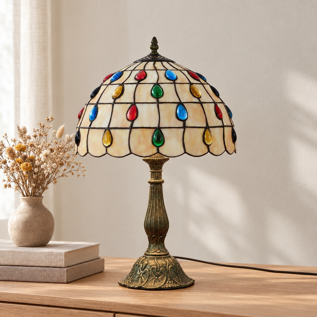 Lampe de chevet Tiffany Perlée Multicolore éteinte en lumière du jour