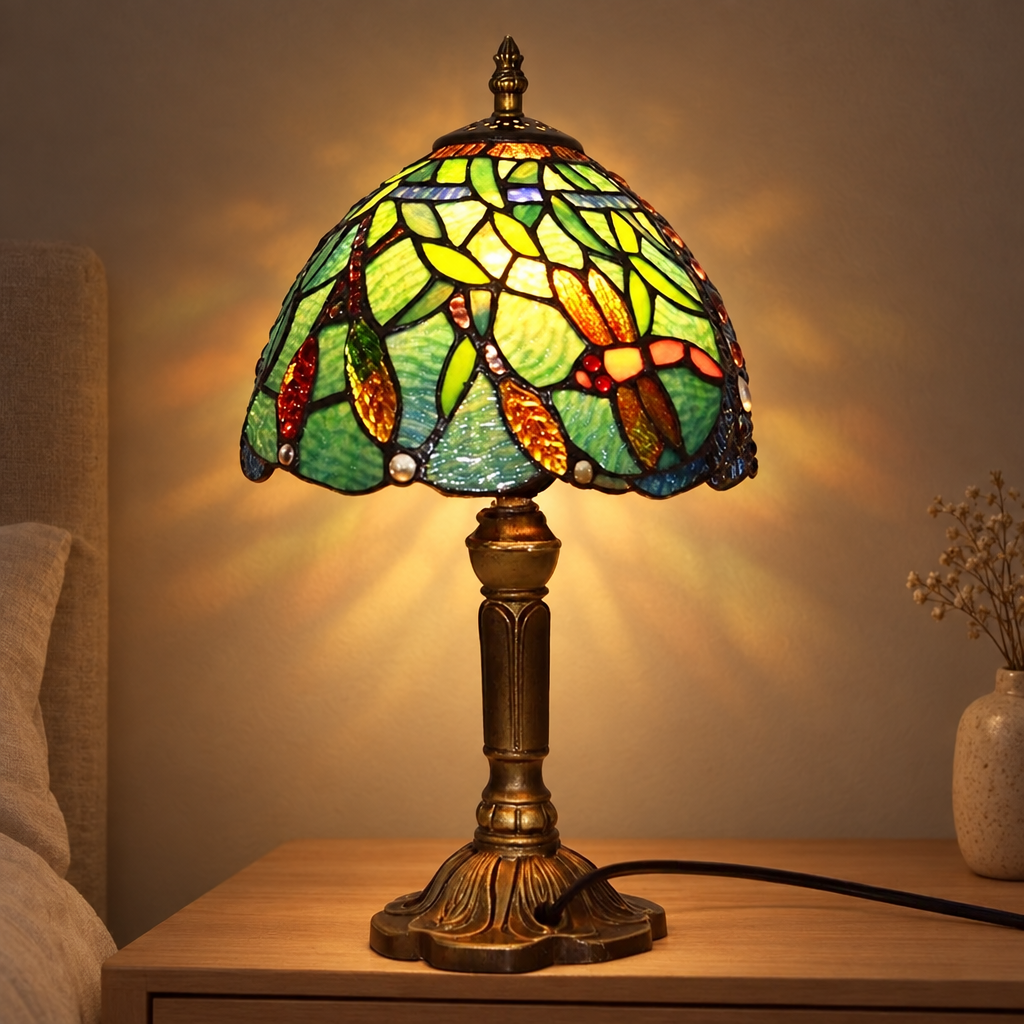Lampe de chevet Tiffany Libellule Verte allumée la nuit