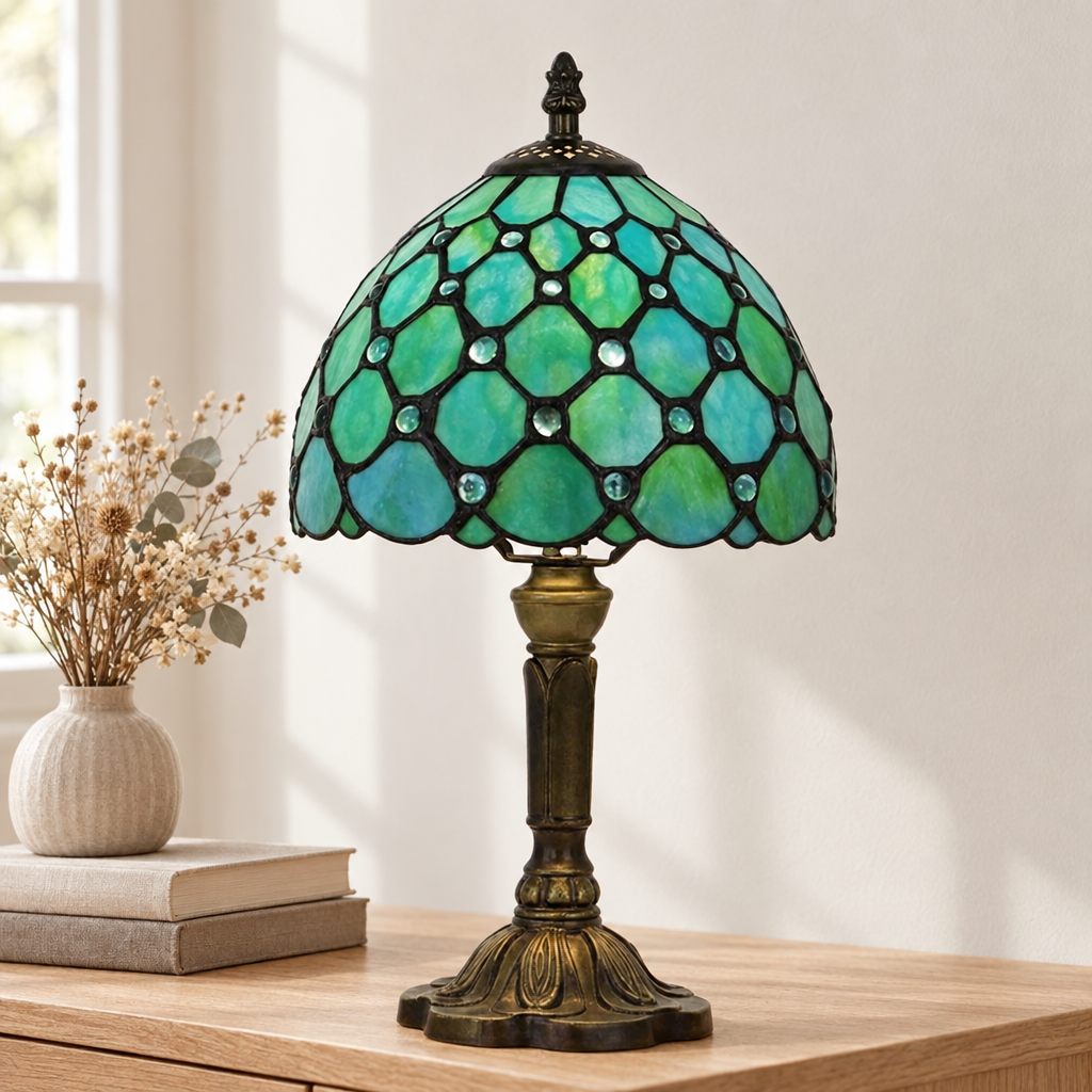 Lampe de chevet Tiffany Perlée Émeraude éteinte en lumière du jour