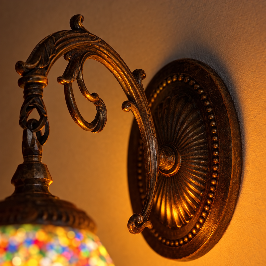 Gros plan du bras et de la rosace de l'applique murale Tiffany Mosaïque Multicolore