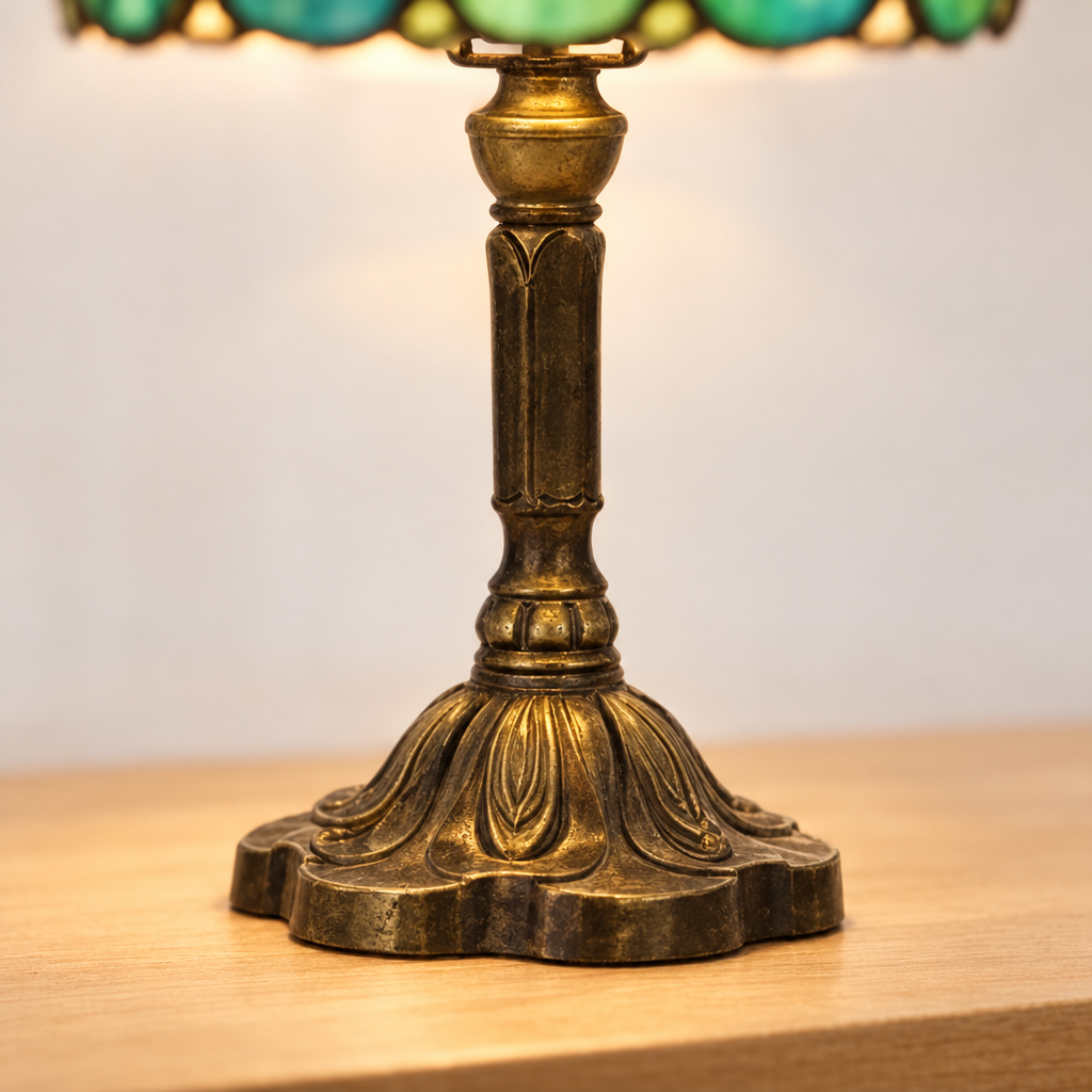 Gros plan du pied ouvragé de la lampe de chevet Tiffany Perlée Émeraude