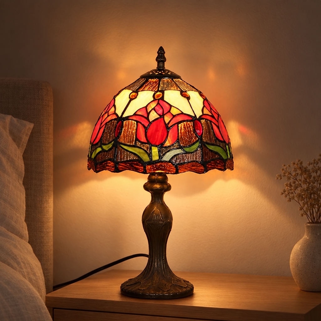 Lampe de chevet Tiffany Fleur Rouge allumée la nuit